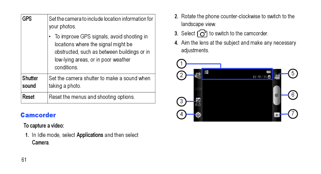 Samsung GT-I5800L Series user manual Camcorder, Shutter, Sound, Reset, To capture a video 