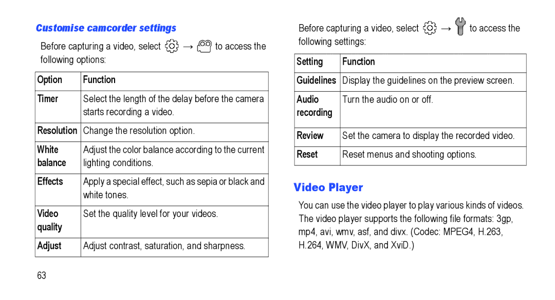 Samsung GT-I5800L Series user manual Video Player, Customise camcorder settings 