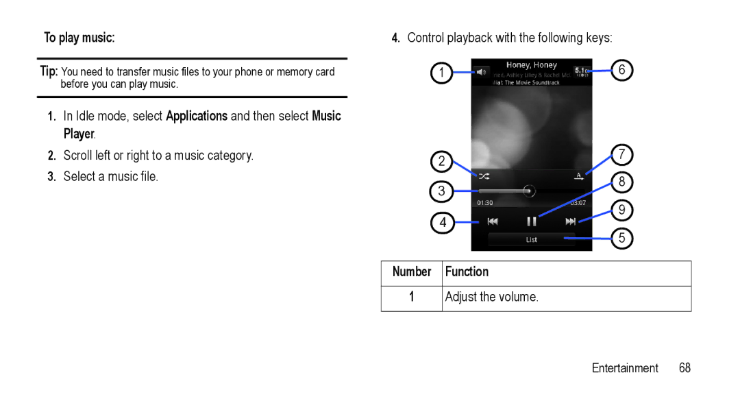 Samsung GT-I5800L Series user manual To play music, Adjust the volume 