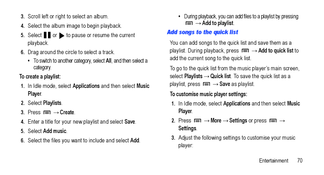 Samsung GT-I5800L Series user manual Add songs to the quick list 