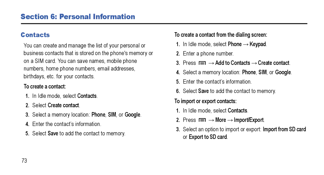 Samsung GT-I5800L Series user manual Personal Information, Contacts 