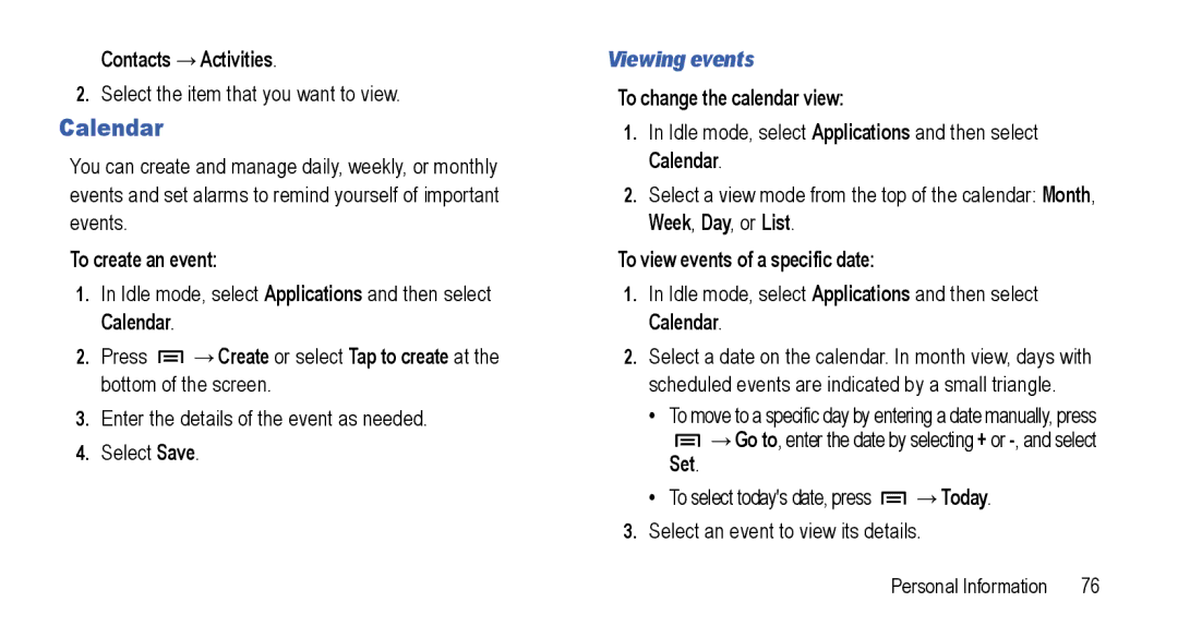 Samsung GT-I5800L Series user manual Calendar, Viewing events 