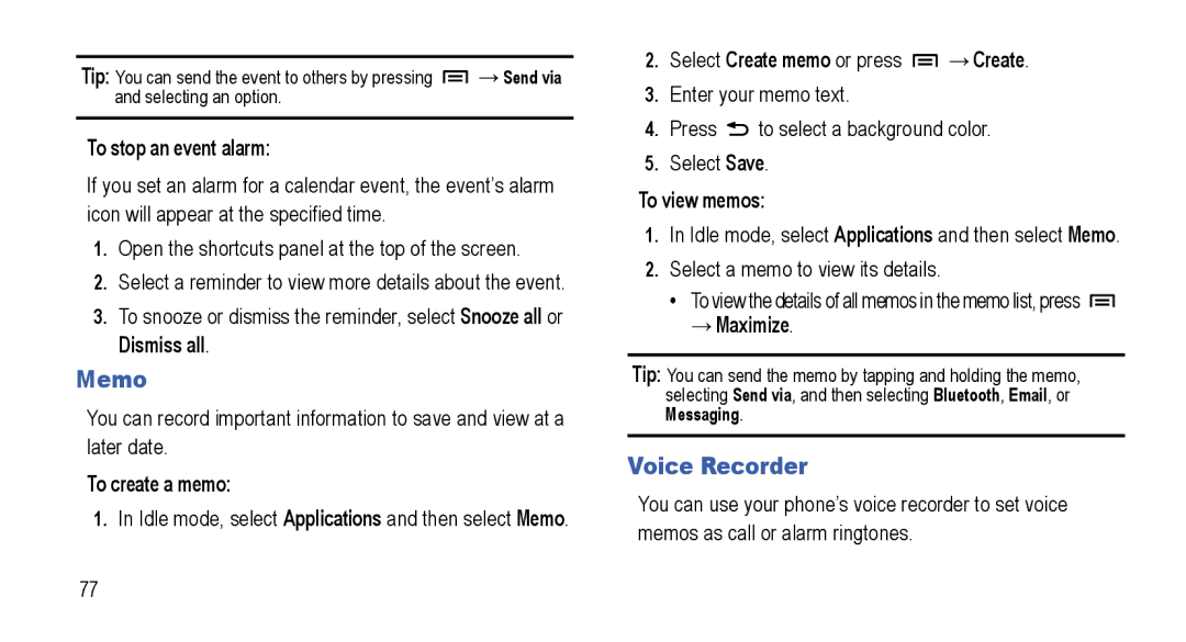 Samsung GT-I5800L Series user manual Memo, Voice Recorder 