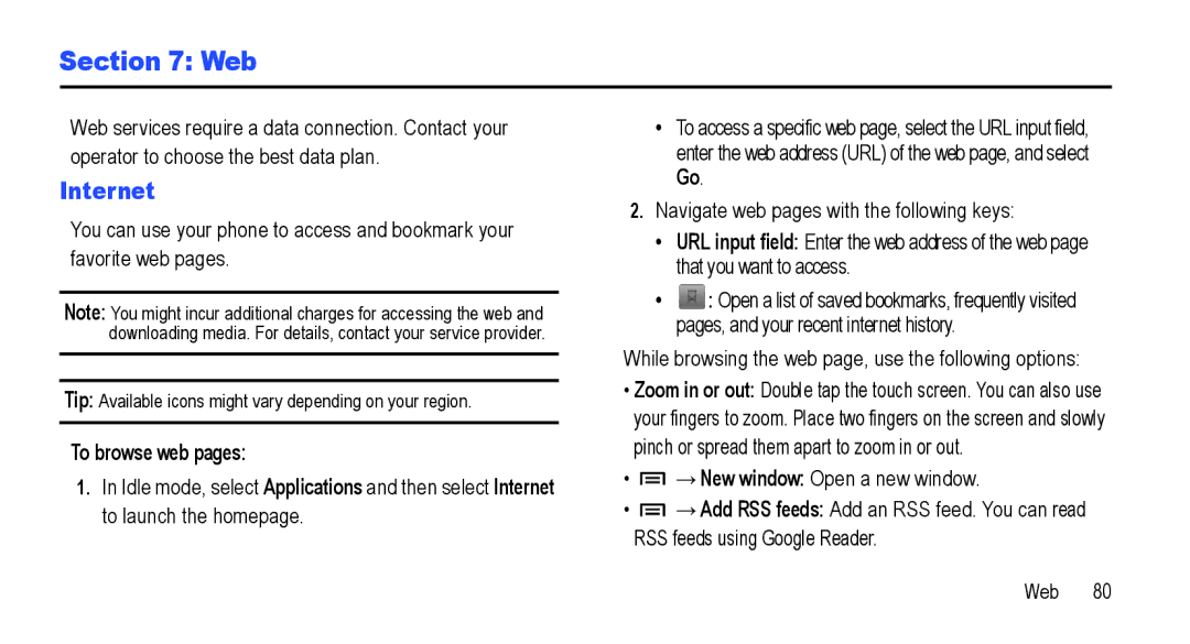 Samsung GT-I5800L Series user manual Web, Internet, To browse web pages 