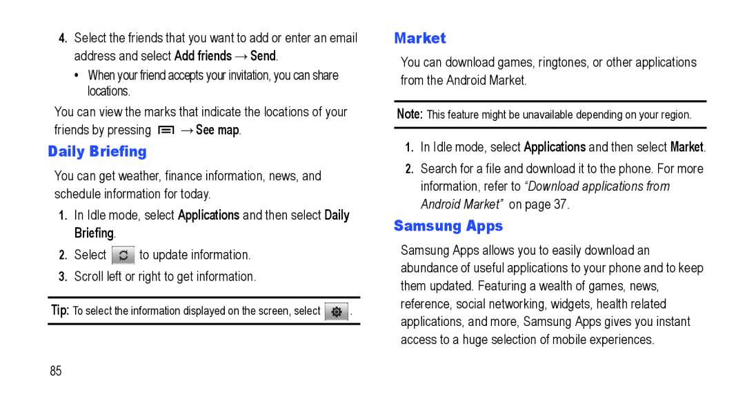 Samsung GT-I5800L Series user manual Daily Briefing, Market, Samsung Apps 