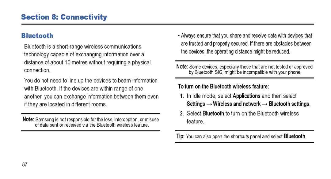 Samsung GT-I5800L Series user manual Connectivity, To turn on the Bluetooth wireless feature 