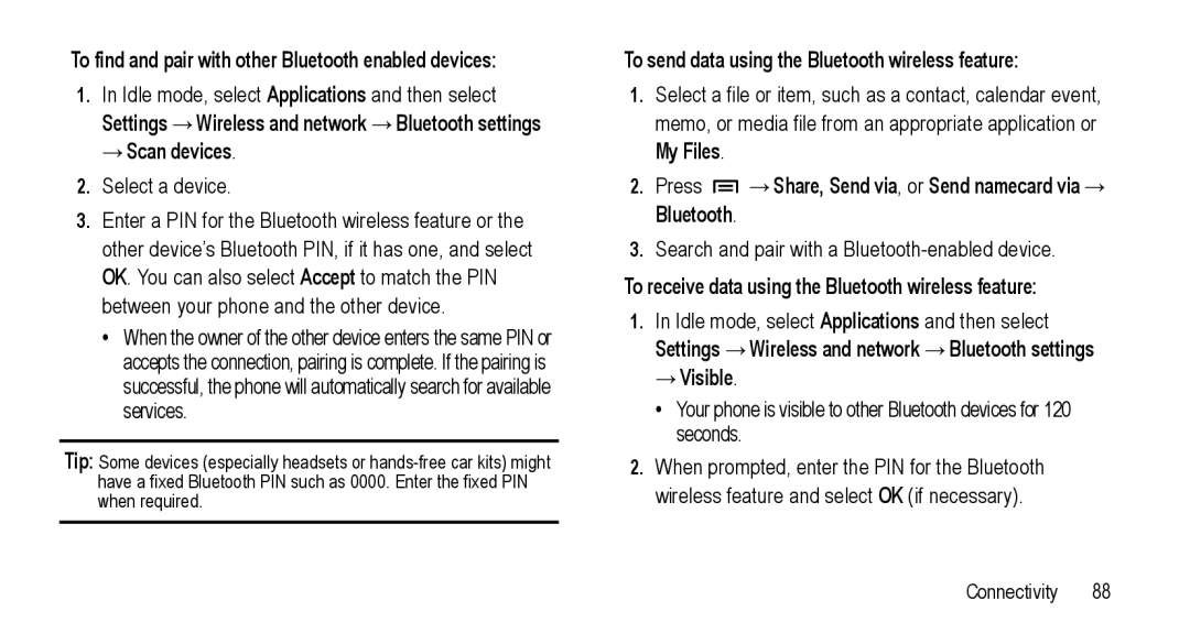 Samsung GT-I5800L Series user manual To find and pair with other Bluetooth enabled devices 