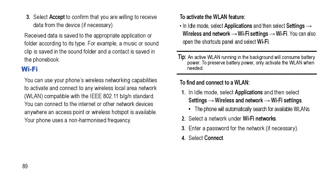 Samsung GT-I5800L Series user manual Wi-Fi, To activate the Wlan feature, To find and connect to a Wlan 