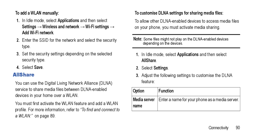 Samsung GT-I5800L Series AllShare, To add a Wlan manually, To customise Dlna settings for sharing media files, Name 