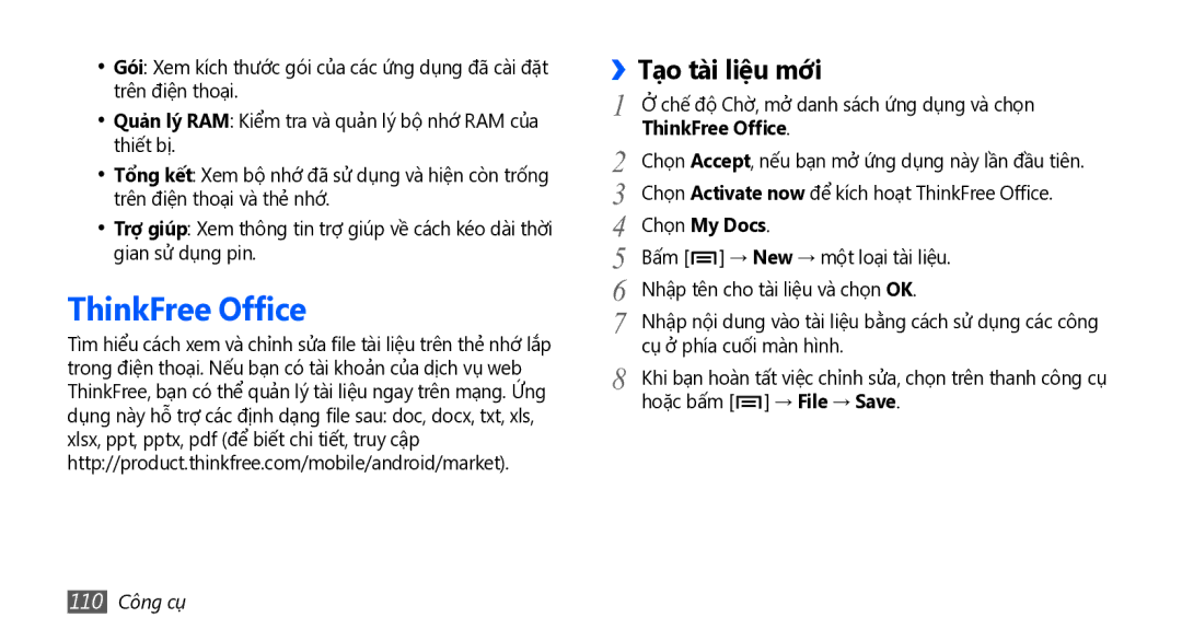 Samsung GT-I5801DKAXEV, GT-I5801PWAXEV, GT-I5801PWAXXV manual ThinkFree Office, Tạo tài liệu mới, Chọn My Docs, 110 Công cụ 