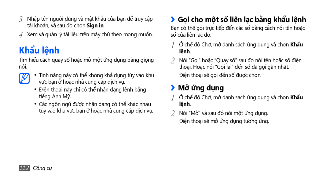 Samsung GT-I5801PWAXEV manual Khẩu lệnh, ››Gọi cho một số liên lạc bằng khẩu lệnh, Mở ứ́ng dụng, Lệnh, 112 Công cụ 