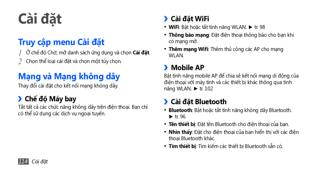 Samsung GT-I5801DKAXEV, GT-I5801PWAXEV, GT-I5801PWAXXV, GT-I5801DKAXXV Truy cập menu Cài đặt, Mạng và Mạng không dây 