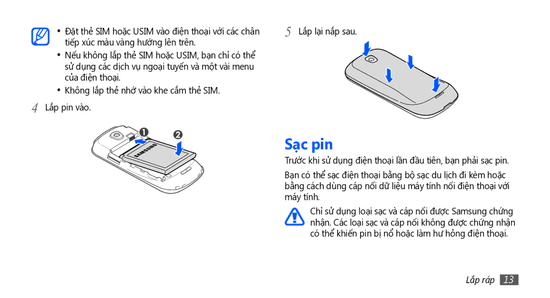 Samsung GT-I5801PWAXXV, GT-I5801PWAXEV, GT-I5801DKAXEV, GT-I5801DKAXXV manual Sạc pin 