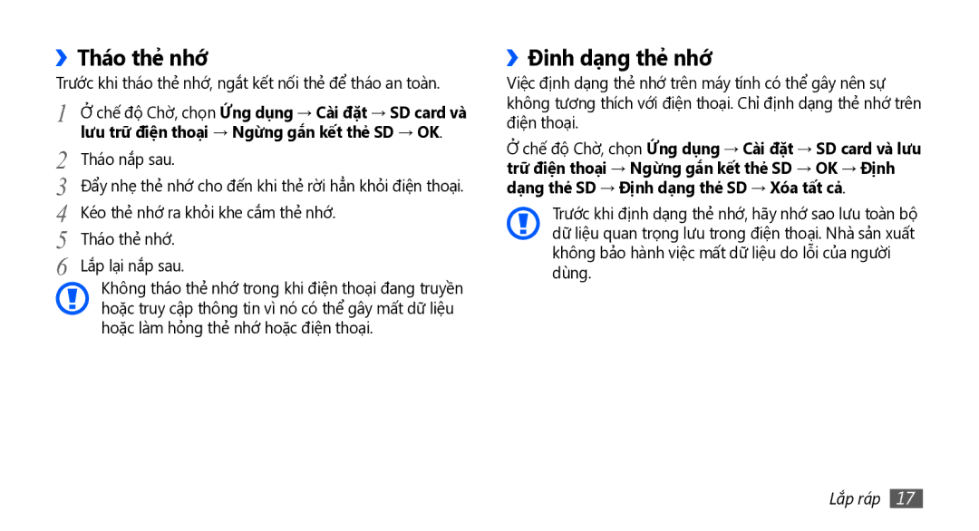 Samsung GT-I5801PWAXXV manual ››Tháo thẻ nhớ, ››Đinh dạng thẻ nhớ, Trước khi tháo thẻ nhớ, ngắt kết nối thẻ để tháo an toàn 