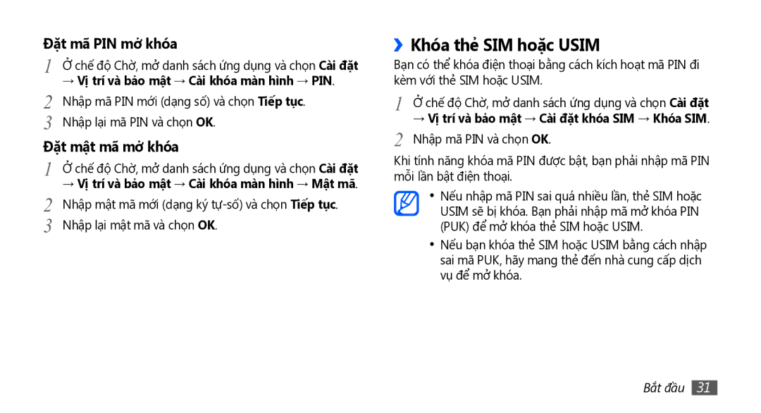 Samsung GT-I5801DKAXXV, GT-I5801PWAXEV manual ››Khóa thẻ SIM hoặc Usim, → Vị trí và bả̉o mật → Cài khóa màn hì̀nh → PIN 