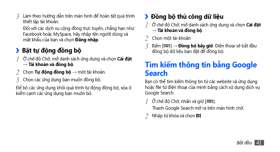 Samsung GT-I5801PWAXXV manual Tì̀m kiếm thông tin bằng Google Search, ››Bật tự động đồng bộ, Đồng bộ thủ công dữ liệu 