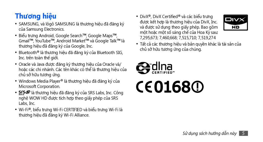 Samsung GT-I5801PWAXXV, GT-I5801PWAXEV, GT-I5801DKAXEV, GT-I5801DKAXXV manual Thương hiệu 