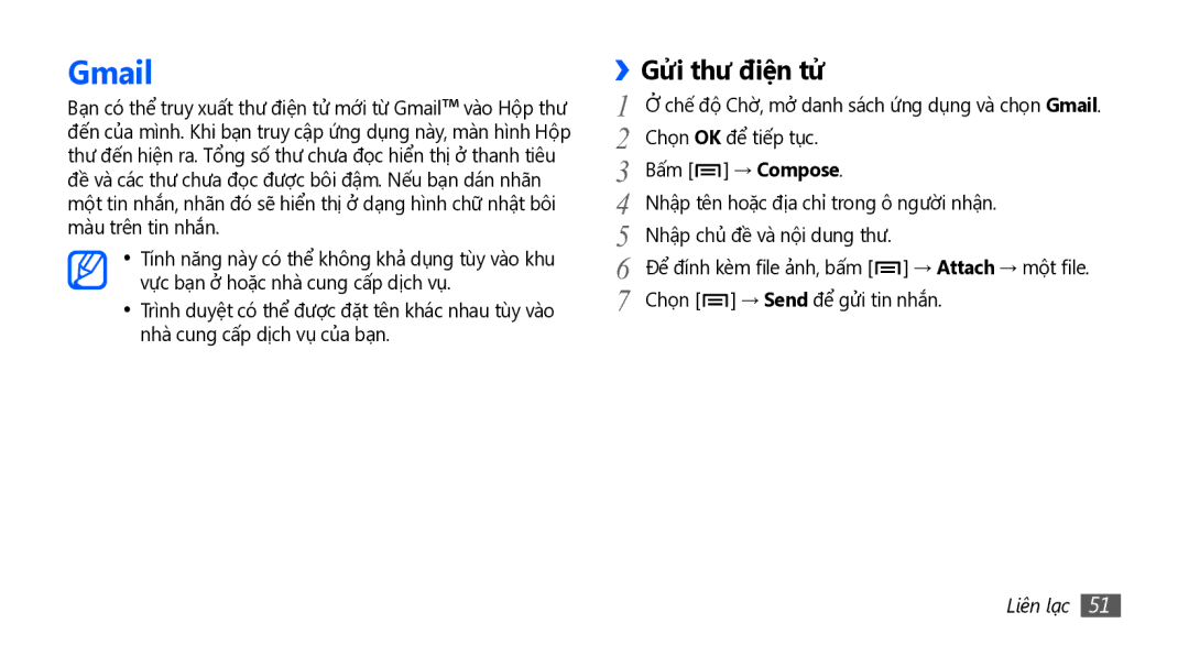 Samsung GT-I5801DKAXXV, GT-I5801PWAXEV, GT-I5801PWAXXV, GT-I5801DKAXEV manual Gmail, Gửi thư điện tử 