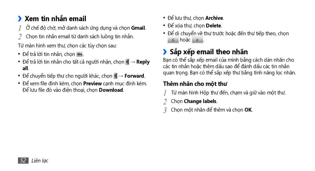 Samsung GT-I5801PWAXEV, GT-I5801PWAXXV manual Xem tin nhắn email, ››Sắp xếp email theo nhãn, Chọn Change labels, 52 Liên lạc 