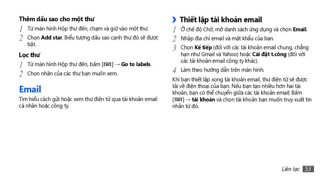 Samsung GT-I5801PWAXXV, GT-I5801PWAXEV, GT-I5801DKAXEV, GT-I5801DKAXXV manual Thiết lập tài khoả̉n email 
