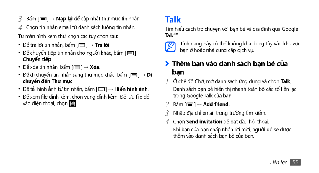 Samsung GT-I5801DKAXXV, GT-I5801PWAXEV, GT-I5801PWAXXV manual Talk, ››Thêm bạn vào danh sách bạn bè của bạn, Bấm → Add friend 