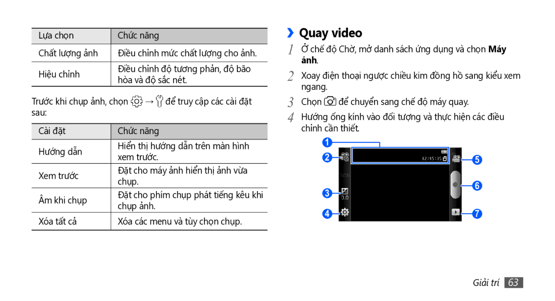 Samsung GT-I5801DKAXXV, GT-I5801PWAXEV, GT-I5801PWAXXV manual Quay video, Chụp ảnh, Xóa tất cả Xóa các menu và tùy chọn chụp 