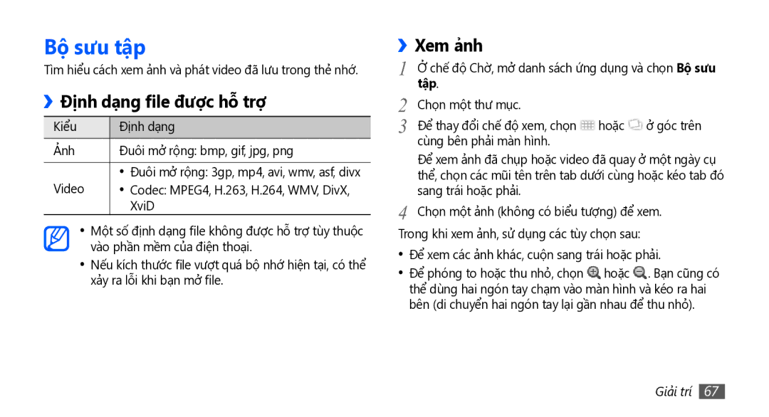 Samsung GT-I5801DKAXXV, GT-I5801PWAXEV, GT-I5801PWAXXV manual Bộ sưu tập, ››Định dạng file được hỗ trợ, Xem ả̉nh, Tập 