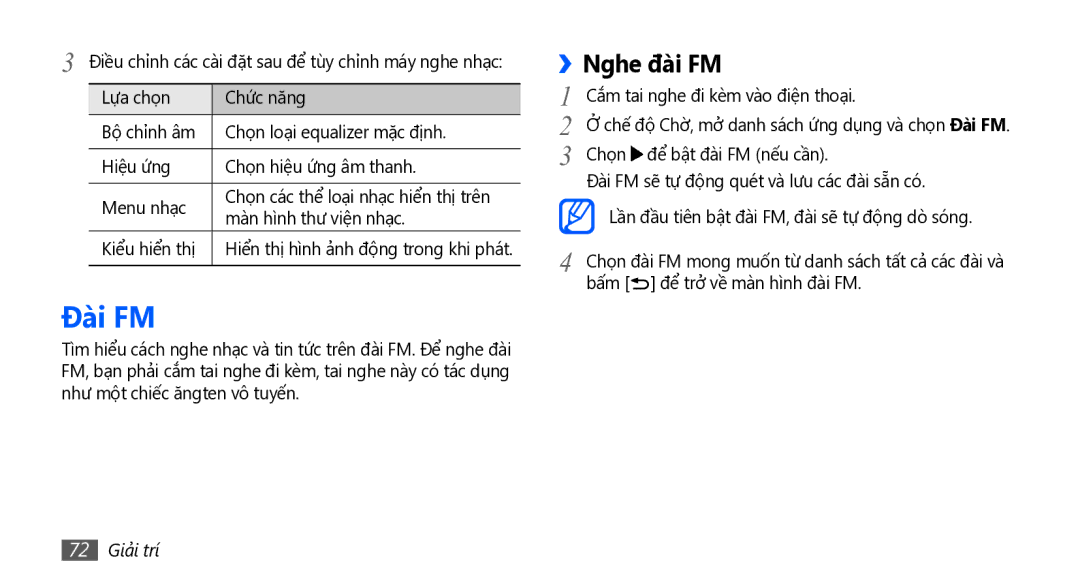 Samsung GT-I5801PWAXEV, GT-I5801PWAXXV, GT-I5801DKAXEV, GT-I5801DKAXXV manual Đài FM, Nghe đài FM, 72 Giải trí 