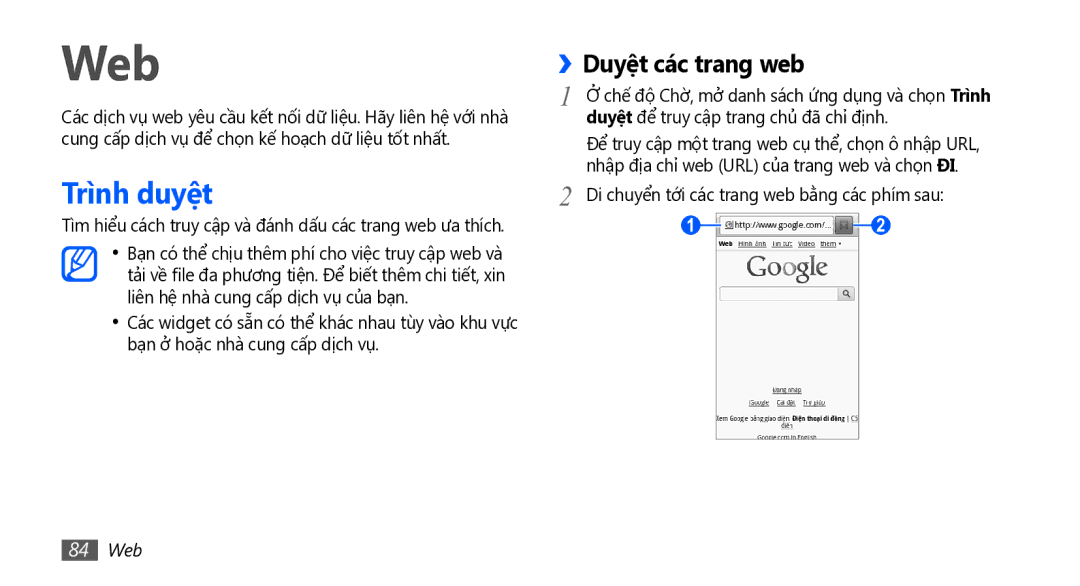 Samsung GT-I5801PWAXEV, GT-I5801PWAXXV, GT-I5801DKAXEV, GT-I5801DKAXXV manual Trình duyêt, ››Duyệt các trang web, 84 Web 