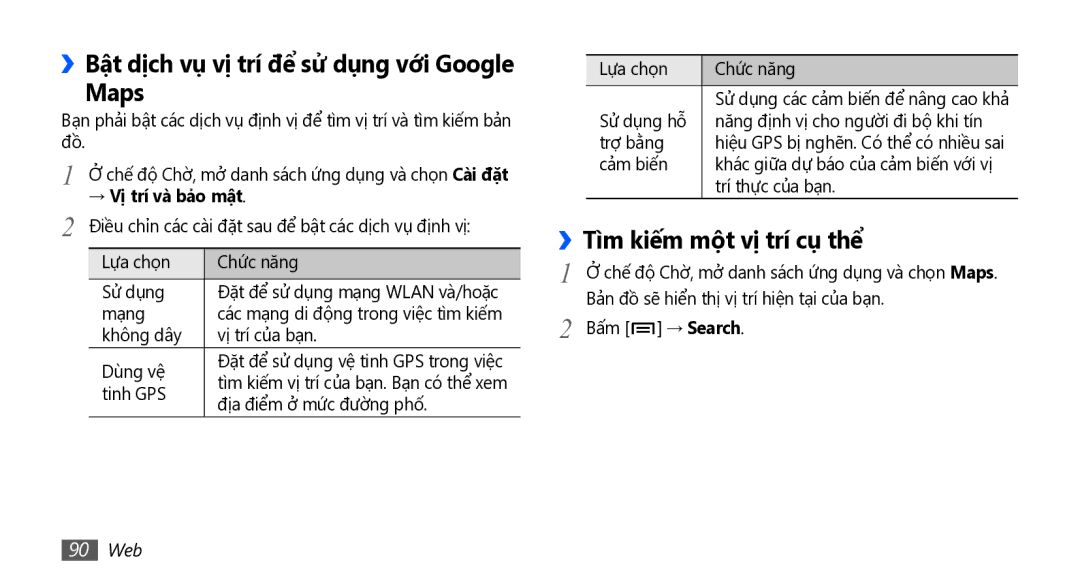 Samsung GT-I5801DKAXEV ››Bật dịch vụ vị trí để sử dụng với Google Maps, Tì̀m kiếm một vị trí cụ thể, → Vị trí và bả̉o mật 