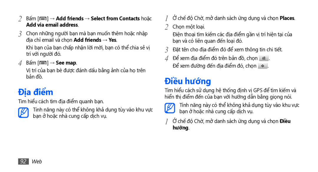 Samsung GT-I5801PWAXEV, GT-I5801PWAXXV, GT-I5801DKAXEV manual Địa điểm, Điều hướng, Add via email address, Hướng, 92 Web 