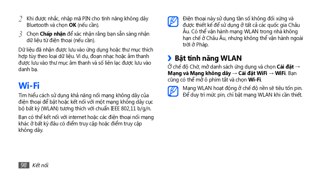 Samsung GT-I5801DKAXEV manual Wi-Fi, ››Bật tính năng Wlan, Bluetooth và chọn OK nếu cần, Dữ liệu từ điện thoại nếu cần 