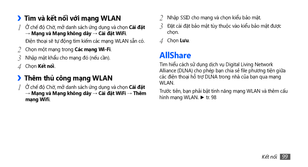 Samsung GT-I5801DKAXXV, GT-I5801PWAXEV, GT-I5801PWAXXV AllShare, ››Tì̀m và kết nối với mạng Wlan, ››Thêm thủ công mạng Wlan 