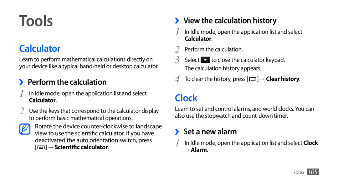 Samsung GT-I5801PWAXXV, GT-I5801PWAXEV, GT-I5801DKAXEV, GT-I5801DKAXXV manual Tools, Calculator, Clock 