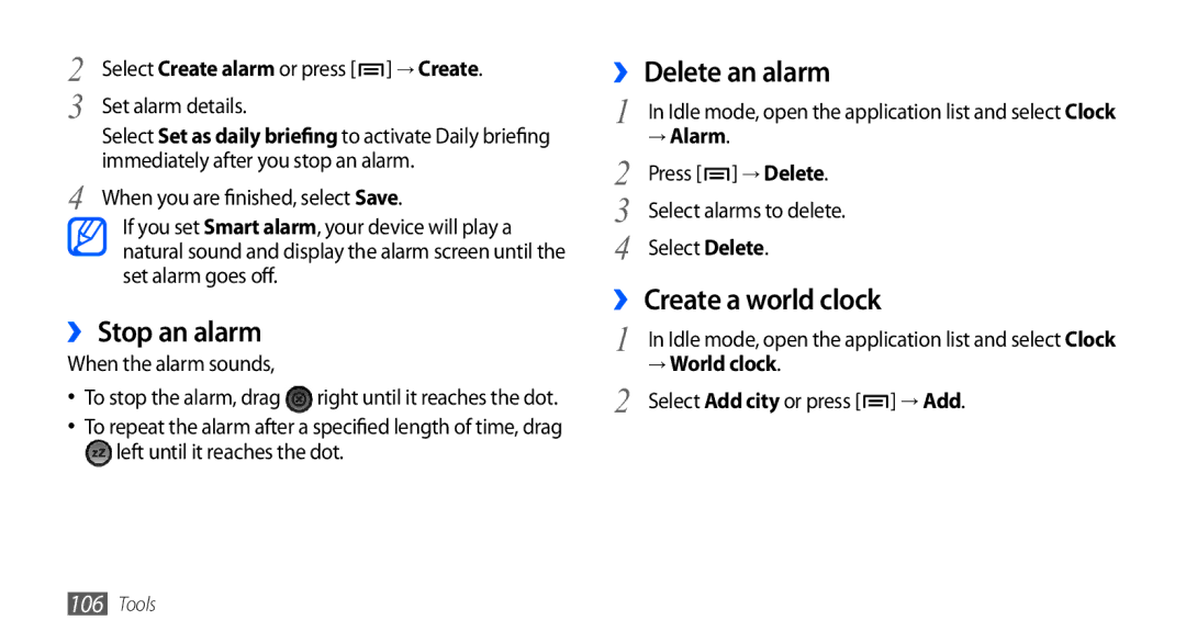 Samsung GT-I5801DKAXEV, GT-I5801PWAXEV manual ›› Stop an alarm, ›› Delete an alarm, ›› Create a world clock, → World clock 