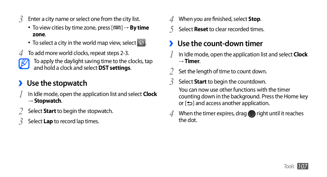 Samsung GT-I5801DKAXXV, GT-I5801PWAXEV manual ›› Use the stopwatch, ›› Use the count-down timer, Zone, → Stopwatch, → Timer 