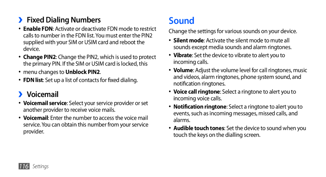 Samsung GT-I5801PWAXEV, GT-I5801PWAXXV, GT-I5801DKAXEV, GT-I5801DKAXXV manual Sound, ›› Fixed Dialing Numbers, ›› Voicemail 