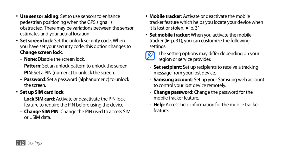 Samsung GT-I5801DKAXEV, GT-I5801PWAXEV Set up SIM card lock, Help Access help information for the mobile tracker feature 