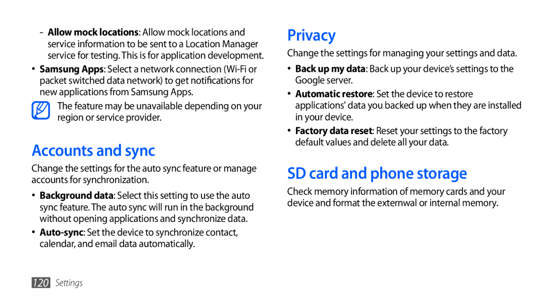 Samsung GT-I5801PWAXEV, GT-I5801PWAXXV, GT-I5801DKAXEV, GT-I5801DKAXXV Accounts and sync, Privacy, SD card and phone storage 