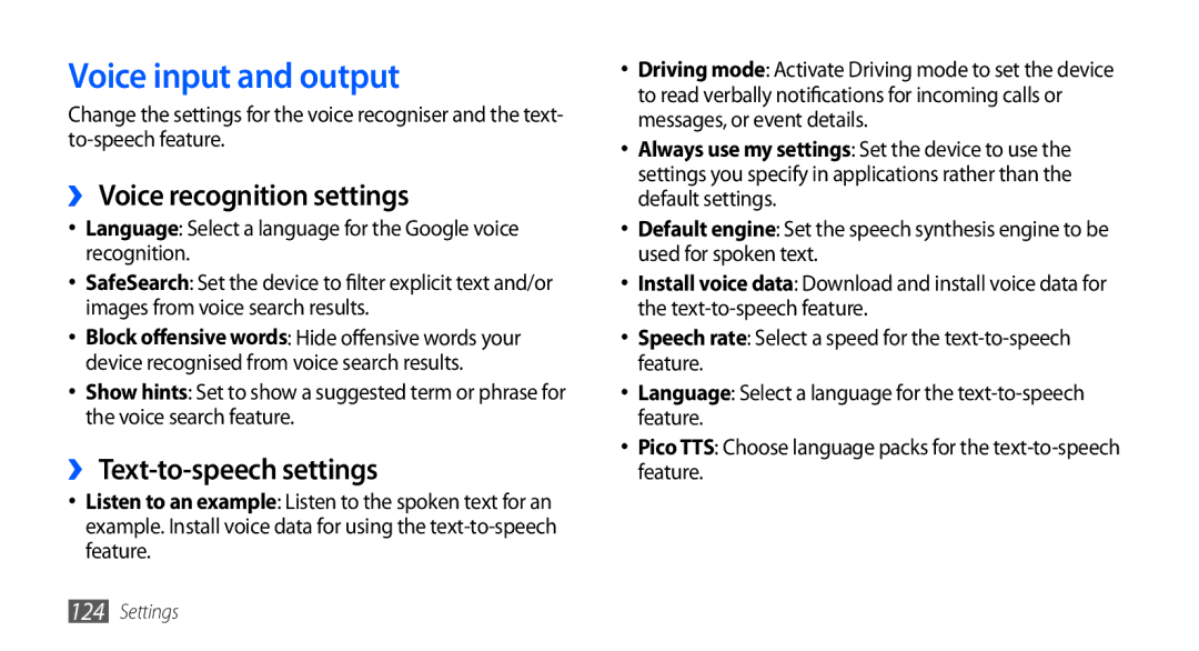 Samsung GT-I5801PWAXEV, GT-I5801PWAXXV Voice input and output, ›› Voice recognition settings, ›› Text-to-speech settings 