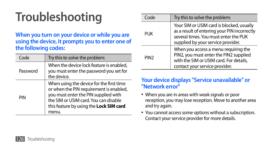 Samsung GT-I5801DKAXEV, GT-I5801PWAXEV manual Troubleshooting, Your device displays Service unavailable or Network error 