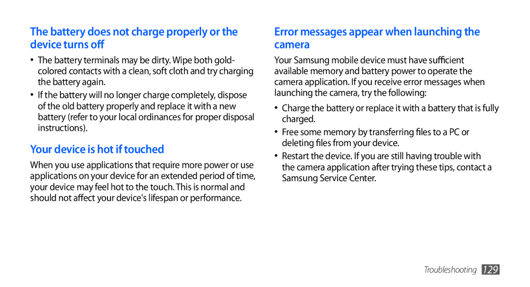 Samsung GT-I5801PWAXXV manual Battery does not charge properly or the device turns off, Your device is hot if touched 