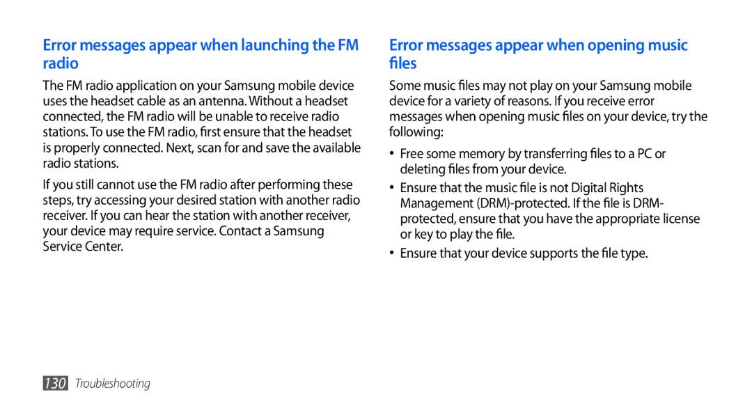 Samsung GT-I5801DKAXEV Error messages appear when launching the FM radio, Error messages appear when opening music files 