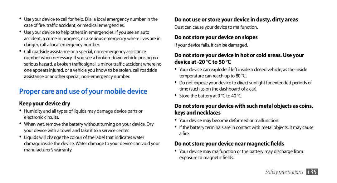 Samsung GT-I5801DKAXXV, GT-I5801PWAXEV, GT-I5801PWAXXV manual Proper care and use of your mobile device, Keep your device dry 