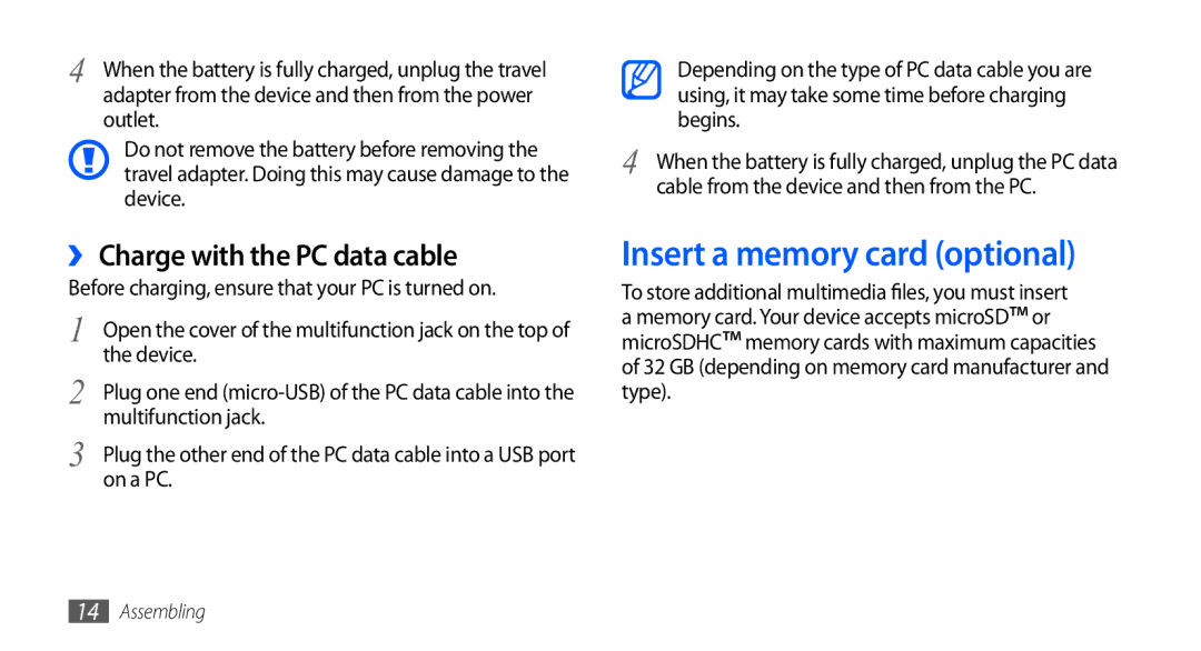 Samsung GT-I5801DKAXEV, GT-I5801PWAXEV Insert a memory card optional, ›› Charge with the PC data cable, On a PC, Begins 