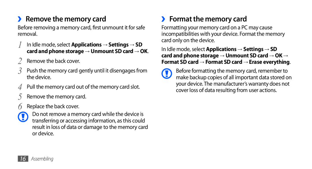 Samsung GT-I5801PWAXEV, GT-I5801PWAXXV, GT-I5801DKAXEV, GT-I5801DKAXXV ›› Remove the memory card, ›› Format the memory card 