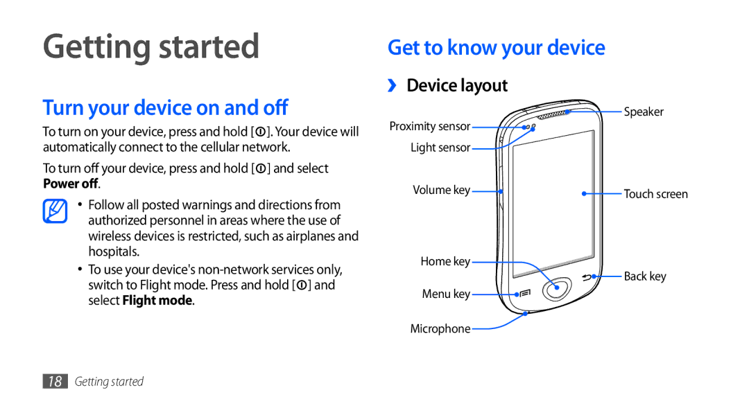 Samsung GT-I5801DKAXEV manual Getting started, Turn your device on and off, Get to know your device, ›› Device layout 