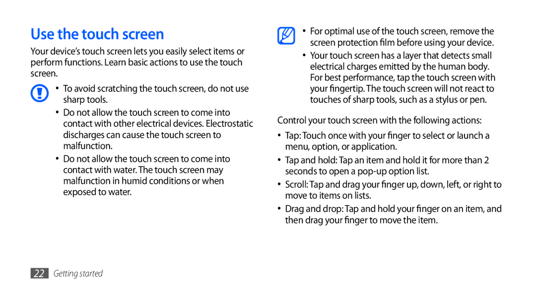 Samsung GT-I5801DKAXEV, GT-I5801PWAXEV, GT-I5801PWAXXV, GT-I5801DKAXXV manual Use the touch screen 