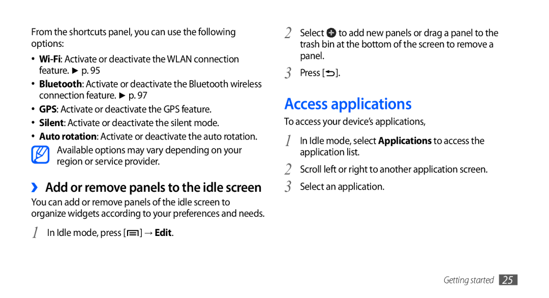 Samsung GT-I5801PWAXXV, GT-I5801PWAXEV Access applications, Idle mode, press → Edit, To access your device’s applications 