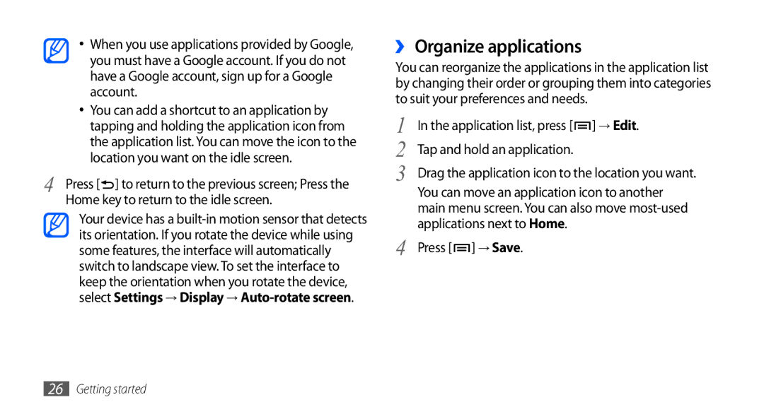 Samsung GT-I5801DKAXEV, GT-I5801PWAXEV, GT-I5801PWAXXV, GT-I5801DKAXXV manual ›› Organize applications 